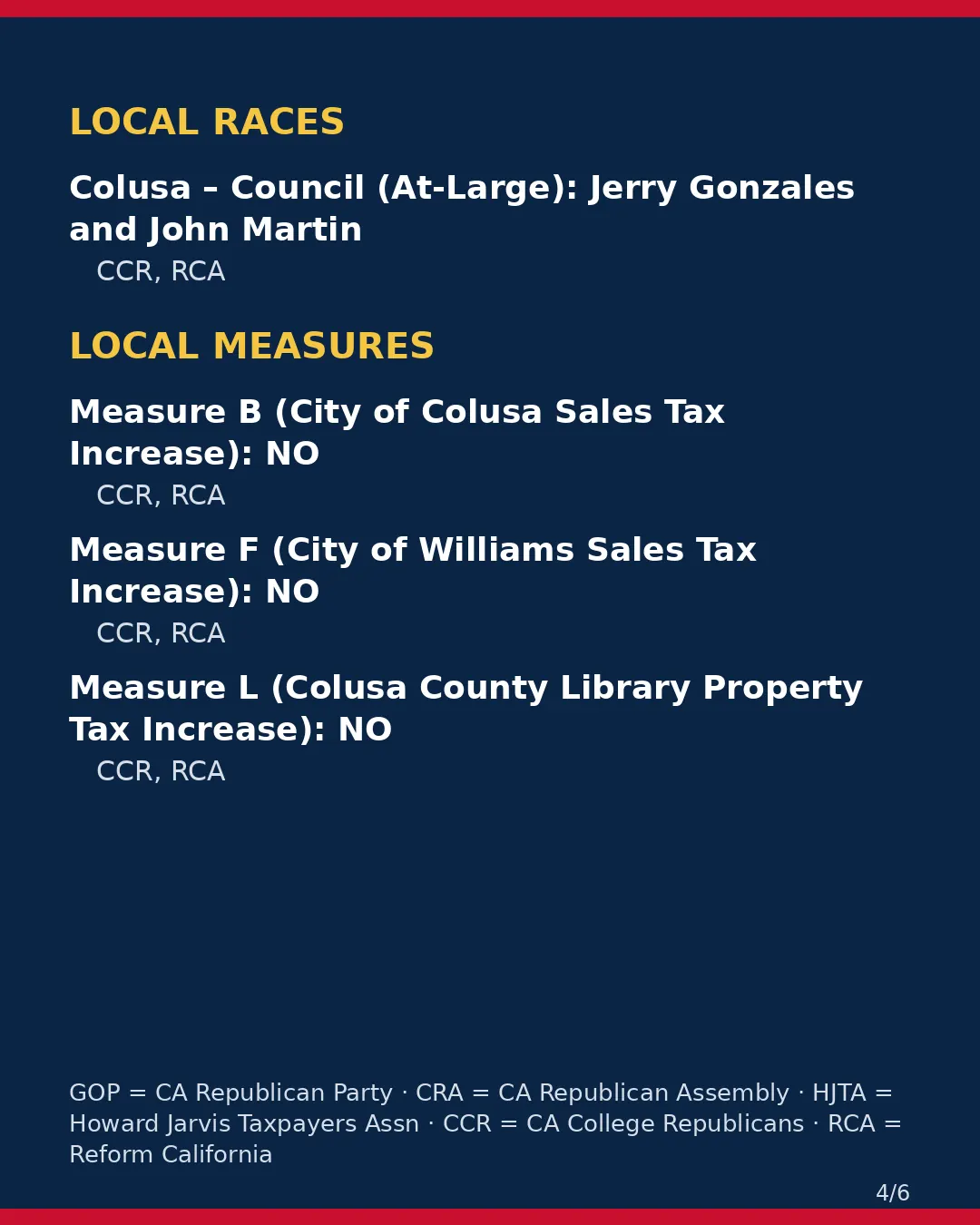 Colusa County, Nov 3, 2026: where conservative groups stand on your ballot. (4/6)