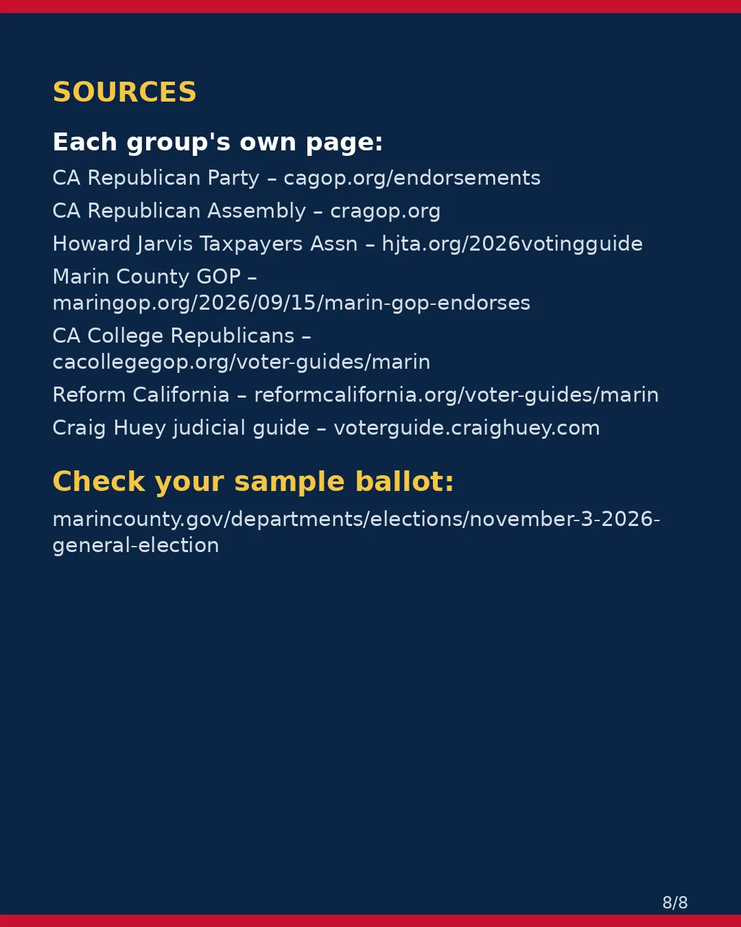 Marin County, Nov 3, 2026: where conservative groups stand on your ballot. (8/8)