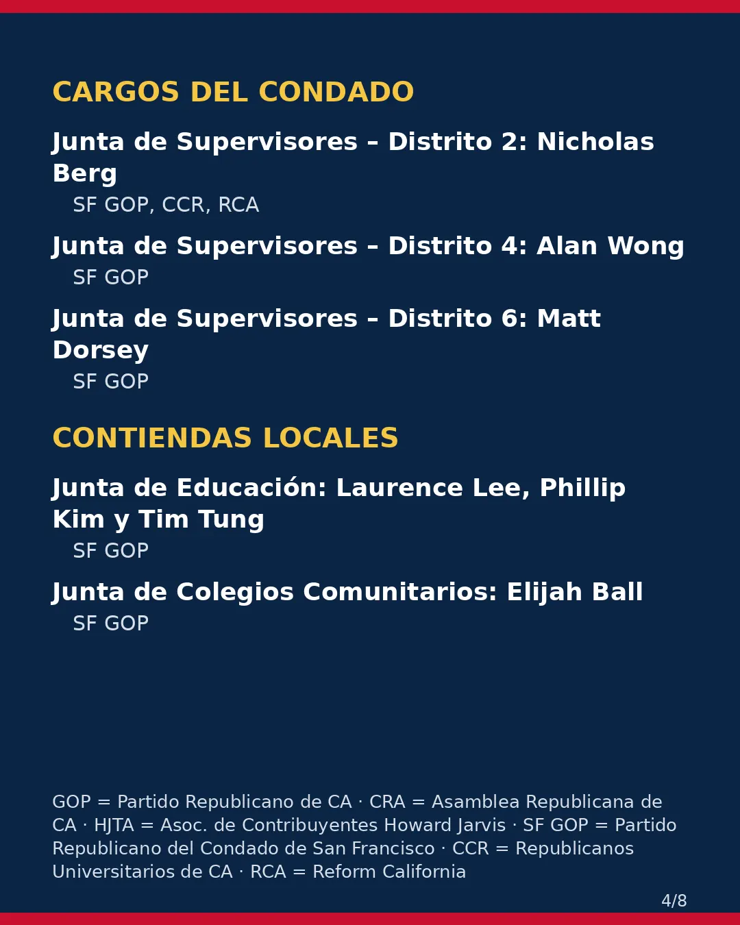 Condado de San Francisco, 3 de noviembre de 2026: la postura de los grupos conservadores sobre su boleta. (4/8)